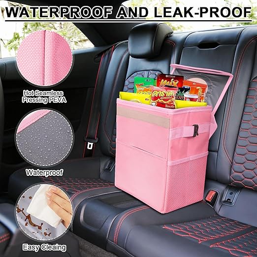 Car Trash Can Bin with Lid - Collapsible Car Garbage Can with Storage Pockets-Pink Mini Leakproof Vehicle Trash Bag-Small Automotive Organizers and Storage for Back/Front Seat SUV Truck Accessories