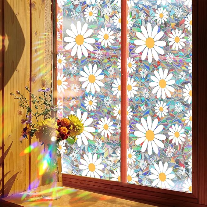 Niviy Window Privacy Film Daisy Flowers Stained Glass Window Film, Sun Blocking Glass Clings, Static Cling Rainbow Sticker Covering for Home Door (16.93 x 39.37inch)