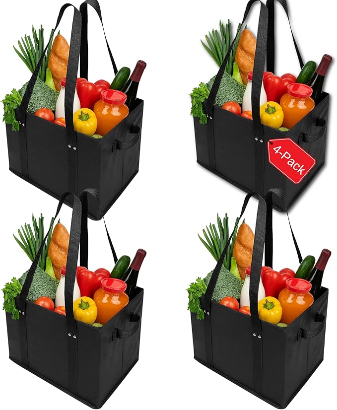 BAG-THAT! 4pk Reusable Grocery Bags Shopping Bags Tote Box Large Heavy Duty Groceries Bag Handles Foldable Reinforced Bottom (Black)
