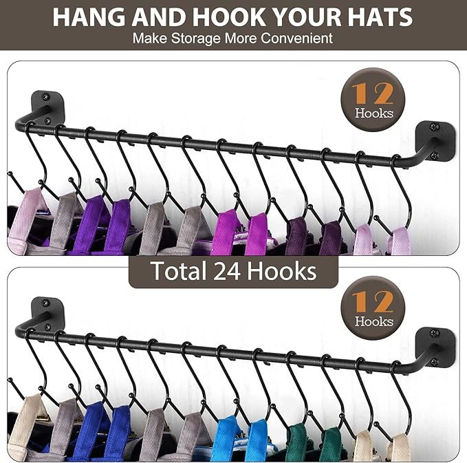 Hat Rack for Wall 24 Baseball Caps, 2 Pack Modern Metal Hat Organizer with 24 Hooks Hat Holder Wall-Mounted Storage Display f