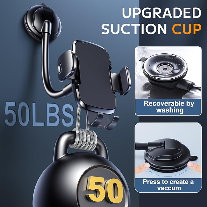 TICILFO Phone Holders for Your Car [Gooseneck Flexible] Phone Stand for Car Dashboard Windshield Automotive Accessories [Strong Suction Cup] Cell Phone Car Mount for All iPhone Android Smartphone