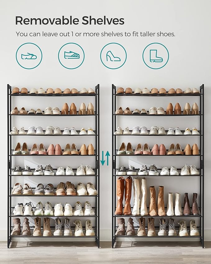 SONGMICS Shoe Rack, 8-Tier Shoe Organizer, Metal Rack for Garage, Set of 2, 4-Tier Stackable Shelf, with Adjustable Flat or A
