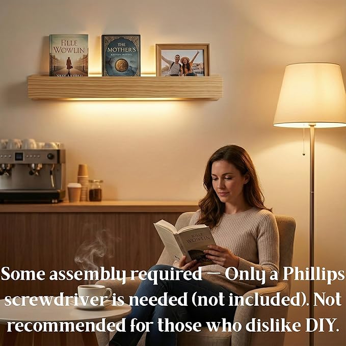 24" Natural Wood LED Floating Shelf, Heavy Duty Solid Pine Decorative Wall Mounted Shelf with Soft Ambient Lights, Minimalist