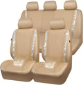 CAR PASS Bling Diamond Car Seat Covers Full Set, Shining Glitter Rhinestone Waterproof Faux Leather Interior Sets Universal Fit Automotive Glitter Crystal Sparkle Strips for Cute Women Girl, Beige