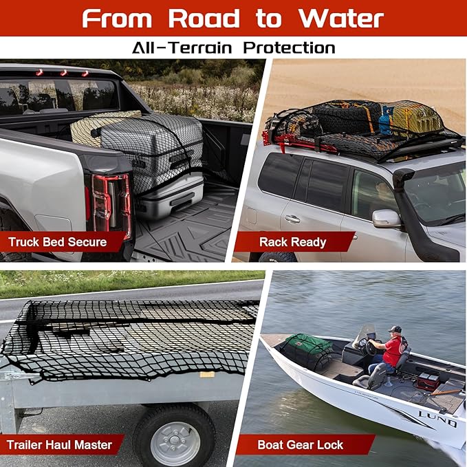 Truck Bed Cargo Net, High Elastic Cargo Net with Storage Bag and 8 rustproof Buckles, Stretchable from 4'x4' to 7'x7' Ideal for ATV, SUV, UTV, Truck and Boat Use, Double Layer