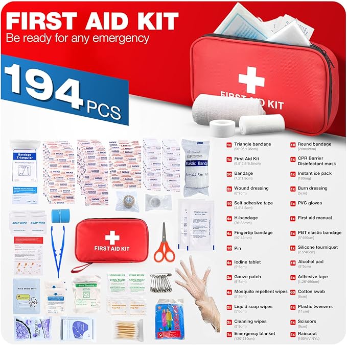 First Aid Kit 194 Piece Emergency Kits for Hiking Camping Trauma Kit for Boat Vehicle Compact Aid Kit for for Home Car Travel