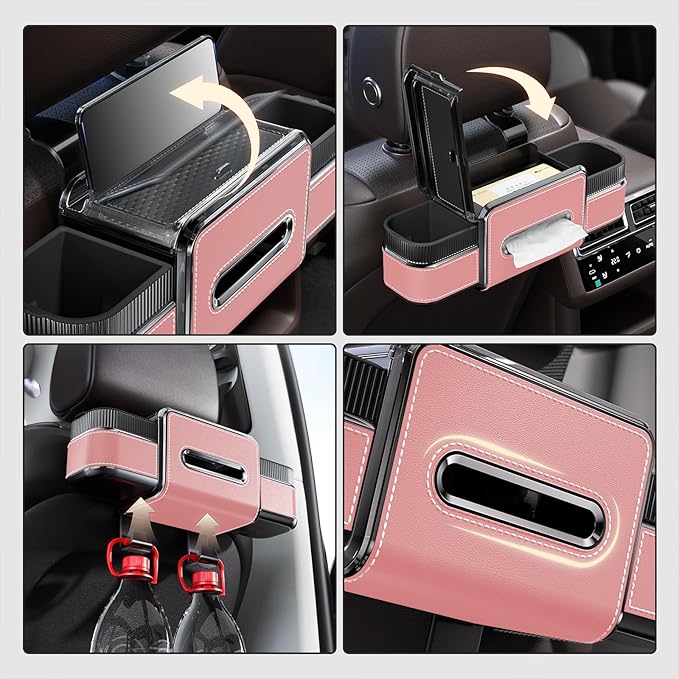Multifunctional Car Seat Back Organizer Box with Drink Cup Holder, Makeup Mirror, Tissue Box& Hooks for Car Seat Back, New Upgrade Car Headrest Backseat Organizer Suitability for Wife, Girlfriend