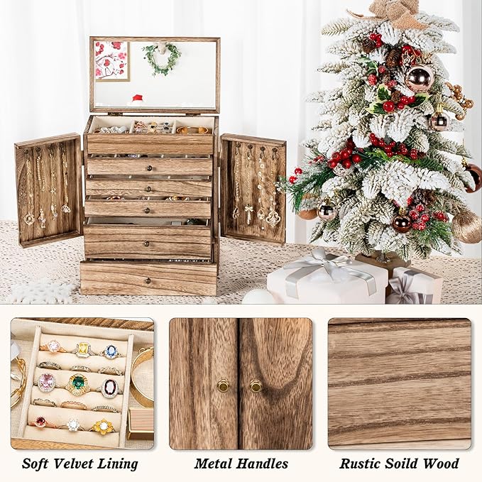 Emfogo Wooden Jewelry Box for Women, 6-Tier Large Jewelry Organizer Boxes with Mirror Rustic Solid Wood jewlery Storage Displ