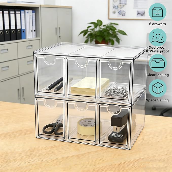 Prsildan Acrylic Makeup Organizer, 2 Pack Stackable Storage Drawers with 6 Drawers for Office Desk Vanity Craft Room Clear Dr
