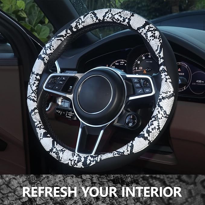 ZHOL Snake Skin Steering Wheel Cover, Breathable Microfiber Leather Universal 14.5-15 inch, Anti-Slip Car Steering Wheel Prot