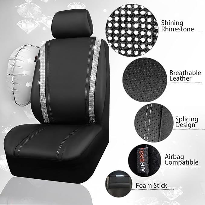 CAR PASS Leather Bling Diamond Car Seat Cover 2 Front Interior Sets, Waterproof Universal Shining Glitter Crystal Sparkle Fit for 95% Automotive Truck SUV Cute Women Girl, Black Silver Rhinestone