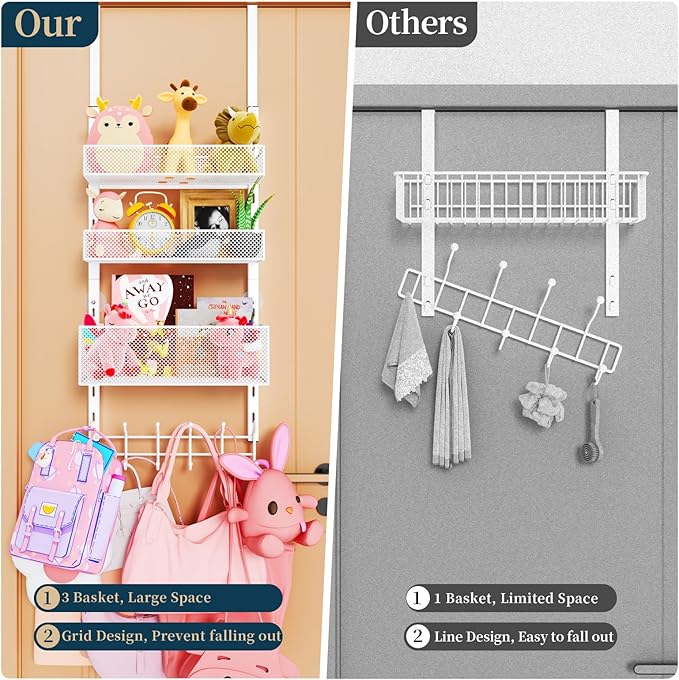 Consumest Over The Door Hooks Organizer - 4 Tier Door Coat Rack with 3 Baskets and 12 Hooks, Stainless Steel Towel Hanger for