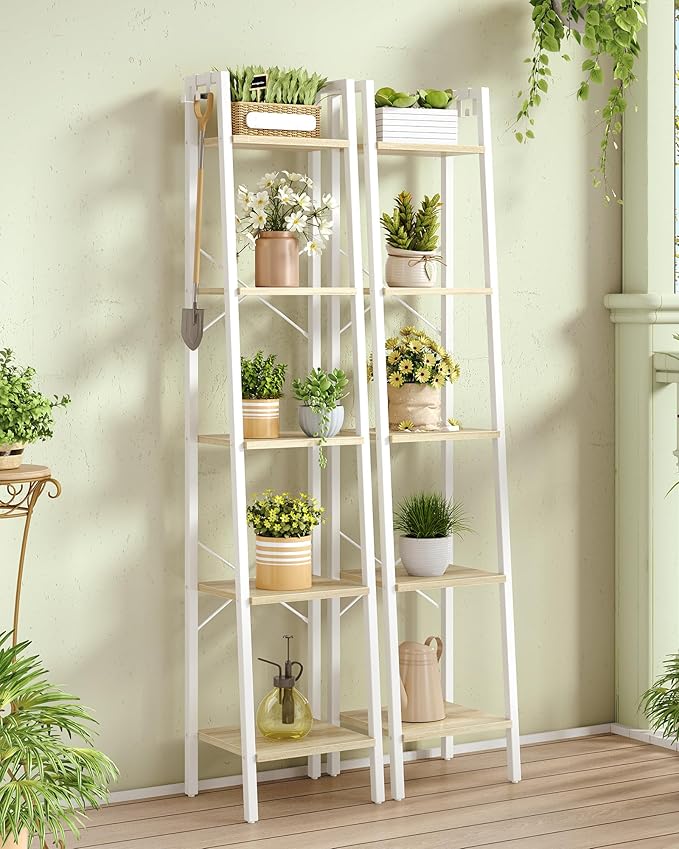 Hzuaneri Ladder Shelf, Bookshelf Bookcase, Freestanding Corner Storage Shelve with 2 Hooks for Home Office, Living Room, Kitc