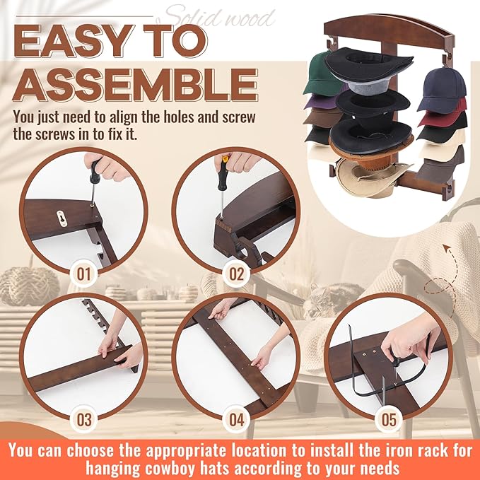 Wonderjune Wooden Hat Racks for Baseball Caps, Display Wall Mounted four Cowboy Hat Rack Baseball Cap Display Racks Wood Vert