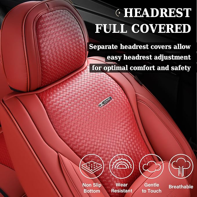 Coverado Seat Covers, Car Seat Covers Front Seats, Waterproof Nappa Leather Auto Seat Cover with Lumbar Head Pillow, Red Seat