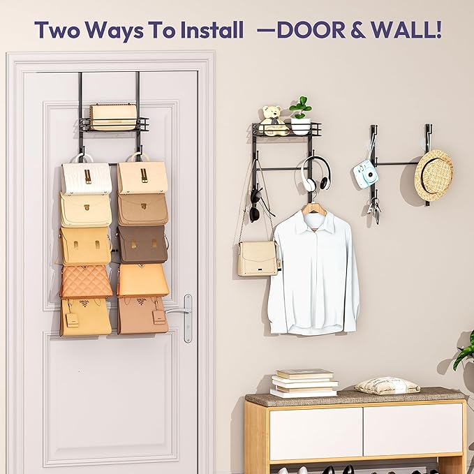 SWTYMIKI Over The Door Purse Organizer - Wall Mounted Handbag Organizer with 10 Hooks and Metal Basket, Hanging Purse Storage