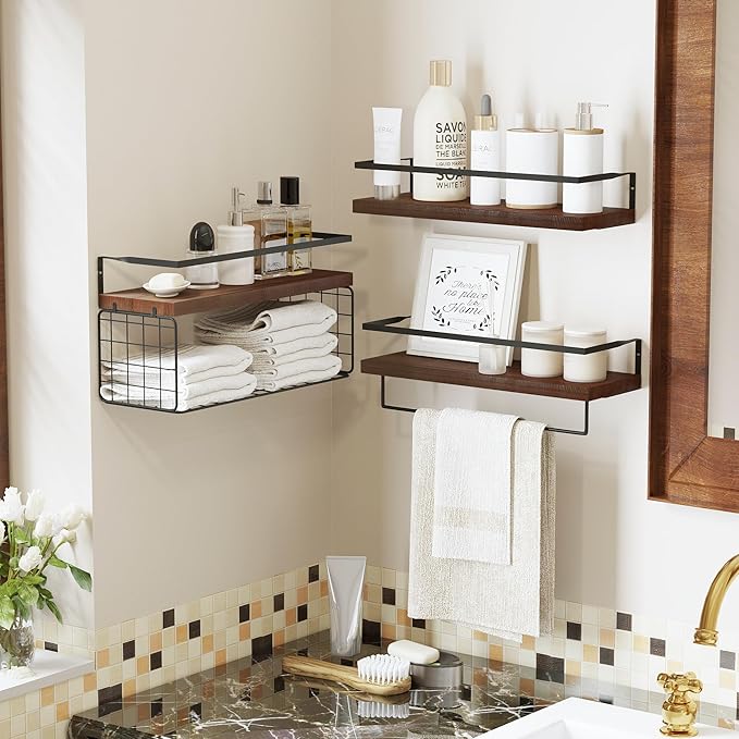 Bathroom Floating Shelves Wall Mounted - 3+1 Tier Rustic Wooden Bathroom Wall Shelves Over Toilet with Wire Storage Basket&To