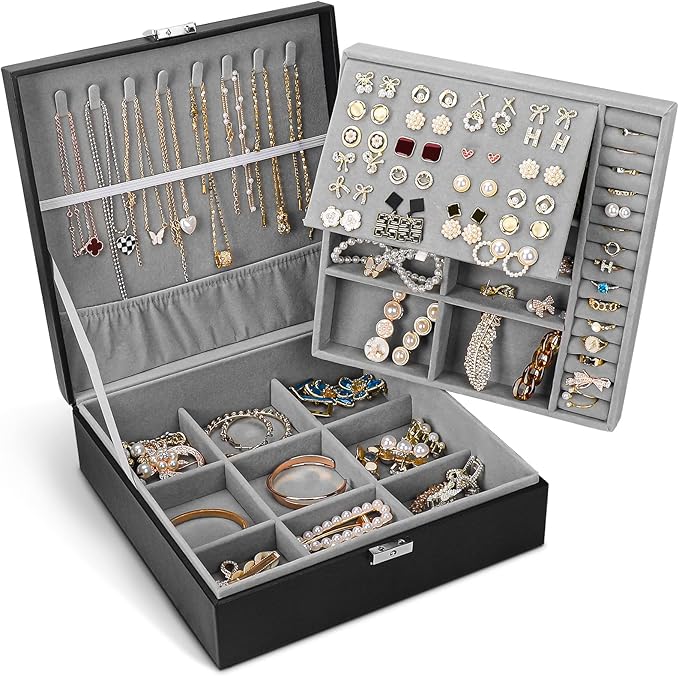 Jewelry Box, Jewelry Boxes for Women & Men with PU Leather, 2 Layer Large Jewelry Organizer Storage Case with Lock, for Neckl