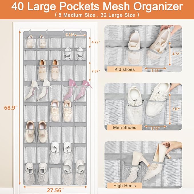 FENTEC 40 Large Pockets Over The Door Shoe Organizer, Mesh Hanging Shoe Organizer Shoe Rack for Closet Mesh Closet Shoe Holde