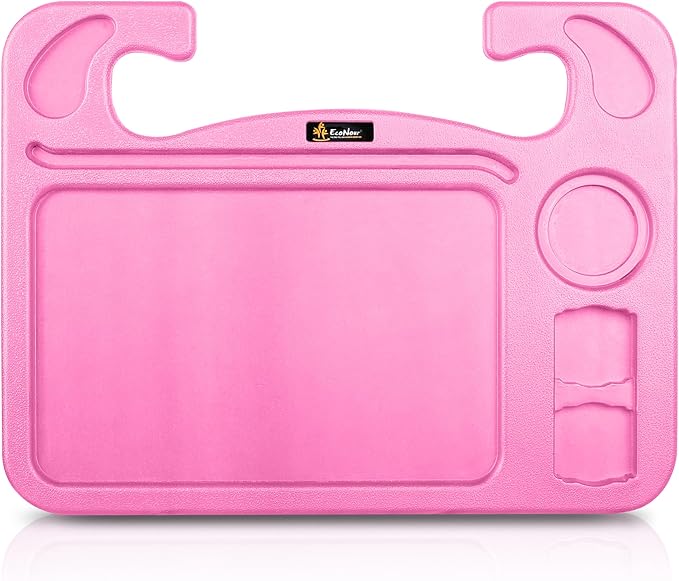 EcoNour 4 in 1 Car Steering Wheel Tray - 2024 Upgraded Pink Tray with Dual Sauce Dip Holder and Tablet Holder | Spacious Steering Wheel Desk for Food and Laptop | Car Accessories (Large)