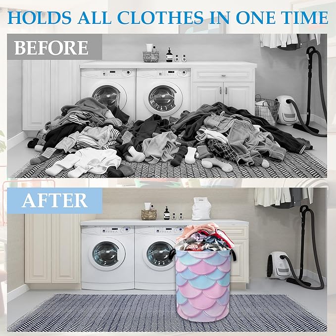 Mermaid Scale Laundry Basket Collapsible Laundry Hamper Oxford Storage Bin for Clothes Storage, Toy Organizer, Books and Sund