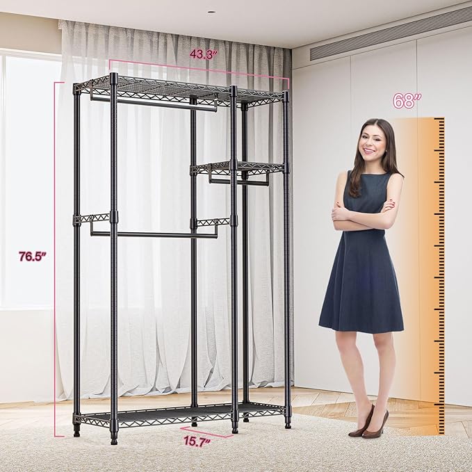 M MZG Heavy Duty Rolling Garment Rack 3 Tiers Adjustable Wire Shelving Clothes Rack with 3 Rods and Side Hooks,Storage Closet
