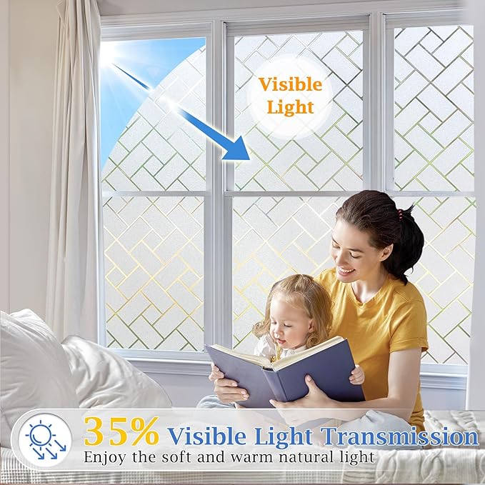 Coavas Frosted Window Privacy Film Static Cling Non-Adhesive for Glass Windows, Heat Control UV Blocking Sun Blocking Anti Glare, Day and Night Bathroom Home Office Cover, 35.4"x118"