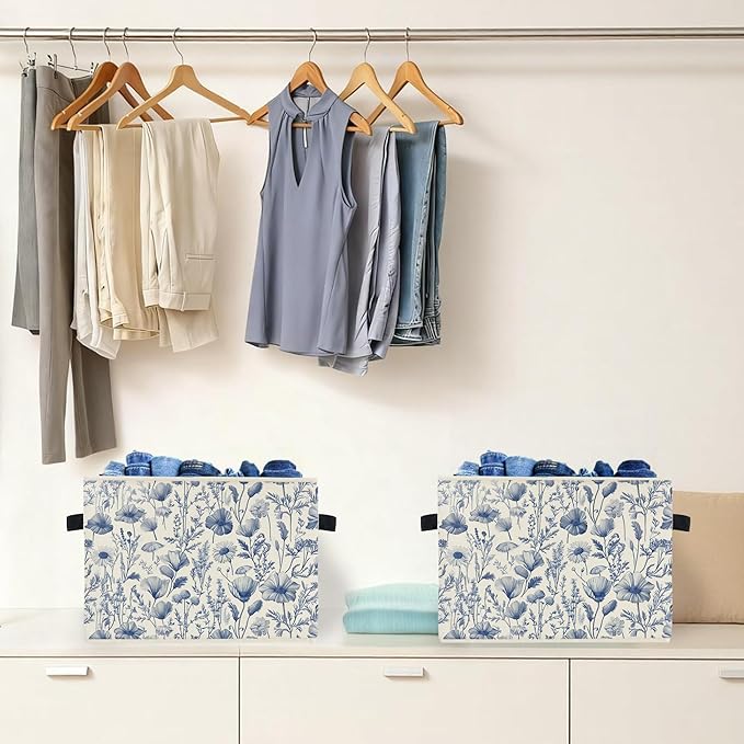 Blue and White Floral Storage Box Bins, Chinoiserie Flower Botanical Collapsible Storage Basket Organizer for Bedroom Laundry