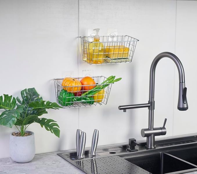 JUNCHU CHERRY 5 Pack Hanging Storage Basket, Bathroom Basket, Household Goods, with Traceless Tape, no Drilling, for Cabinet 