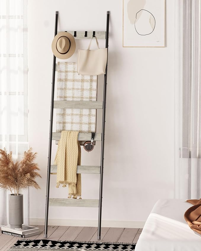 Blanket Ladder, 6-Tier Towel Holder with 4 Removable Hooks, Farmhouse Wall Leaning Decorative Rack Shelf, Wooden Towel Displa