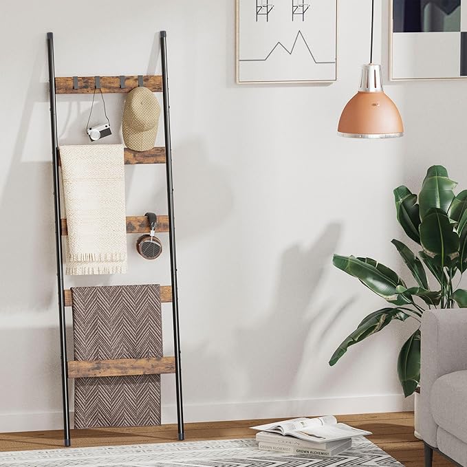 Blanket Ladder, 5-Tier Towel Holder with 4 Removable Hooks, Farmhouse Wall Leaning Decorative Rack Shelf, Wooden Towel Displa