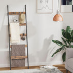 Blanket Ladder, 5-Tier Towel Holder with 4 Removable Hooks, Farmhouse Wall Leaning Decorative Rack Shelf, Wooden Towel Displa
