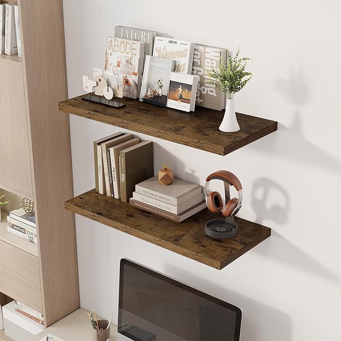 Dreamland 32" Floating Shelves for Wall, 12" Deep Slim Rustic Brown Floating Shelves, Wall-Mounted Shelves for Bedroom, Livin