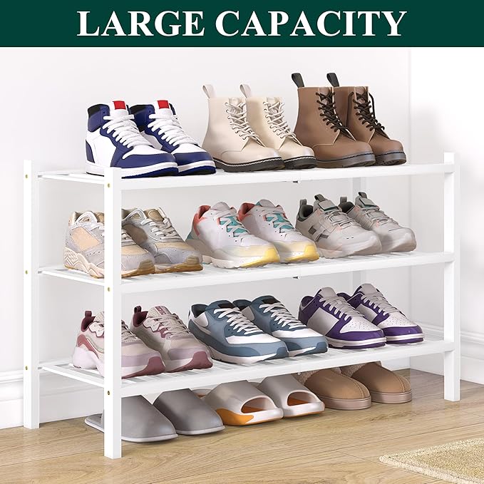 Smiry Bamboo Shoe Rack for Closet, 3 Tier Wooden Stackable Shoe Organizer, Free Standing Shoes Storage Shelf for Entryway, Fr