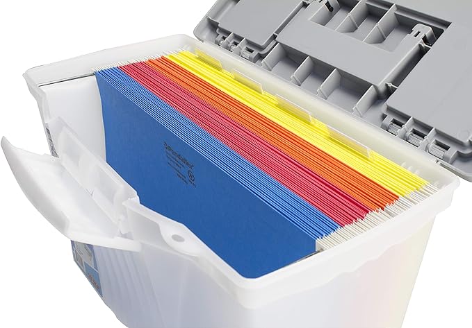 Storex Portable File Box with Organizer Lid, 17.13 x 9.63 x 11 Inches, Frosted/Silver (STX61511U01C)