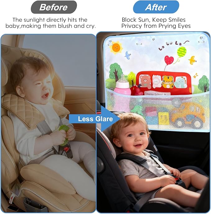 2 Pack Baby Car Sun Shade Side Window (26.8"×19.7"),Dinosaur/Animal Cartoon, Strong Suction Cups UV Heat Protection Sun Block Covers