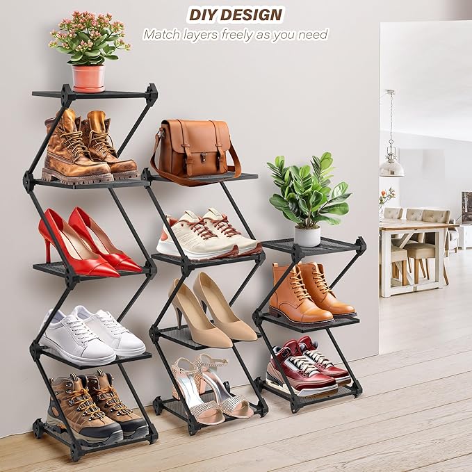 Vertical Shoe Rack 4 Tier Small Shoe Rack Shelf for Entryway Tall Narrow Shoe Organizer Metal Shoe Storage for Closet,Front D