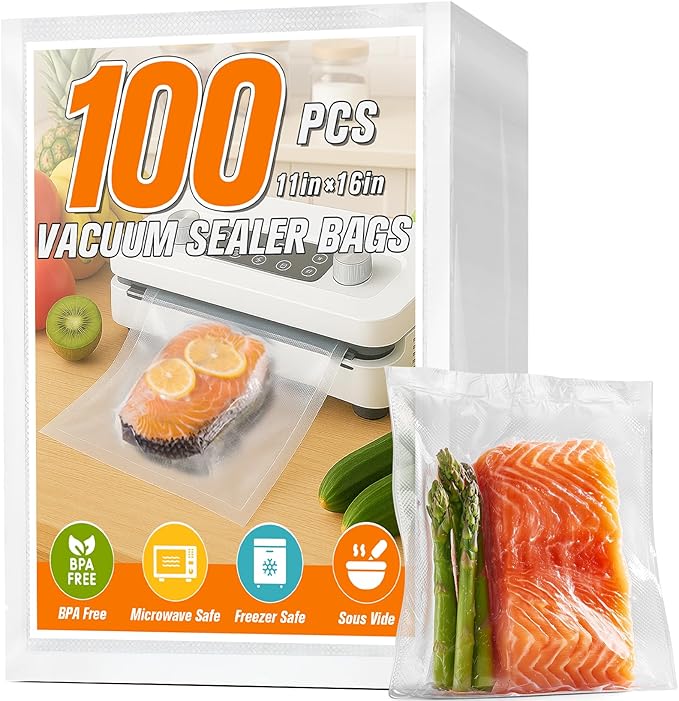 FUNFERY Precut Vacuum Sealer Bags for Food, 100 Gallon 11" x 16", Food Long-Term Storage and Sous Vide Commercial-Grade Bag, 