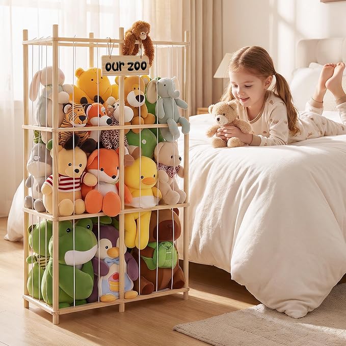 LAMU Stuffed Animal Storage, Wooden Zoo Stuffed Animal Holder with Elastic Cords, Space Save Plush Toy Cage, Double Capacity 