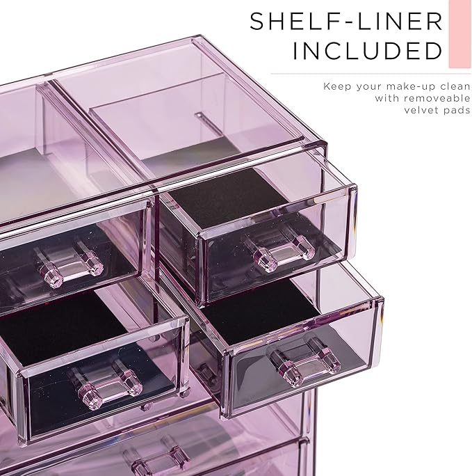 Sorbus Acrylic Makeup Organizer Set, 7-Drawer Vanity & Countertop Cosmetic Storage with Small & Wide Compartments, Purple Mak