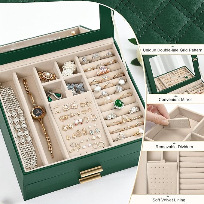 Amearea Jewelry Box Organizer for Women Girls with Mirror, 3-Layer Large Jewelry Storage Case, Synthetic Leather Jewelry Hold