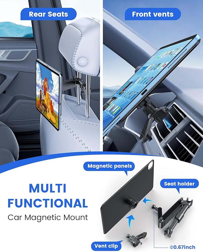 KU XIU Car Headrest Magnetic Tablet Holder for iPad Pro 11" M4 (2024) Only, Backseat Tablet Car Mount Adjustable Arm, Road Trip Essentials for Kids, 360° Swivel Angle Adjustable Car Mount for iPad