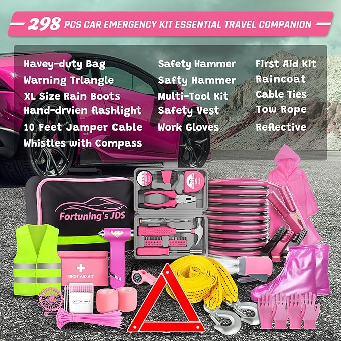 298PCS Roadside Emergency Car Kit- Car Emergency Kit with Jumper Cables, Roadside Emergency Kit for Vehicles, Emergency Car K
