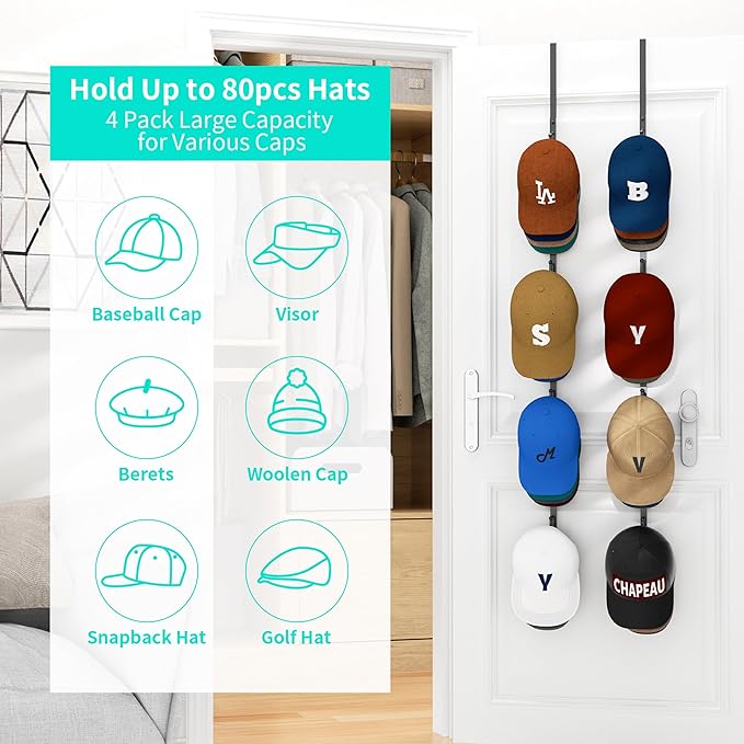 HapiRm Over Door Hat Rack - 4 Packs Metal Hanging Hat Organizer with 16 Hooks Design, Baseball Cap Hanger Organizer Storage H