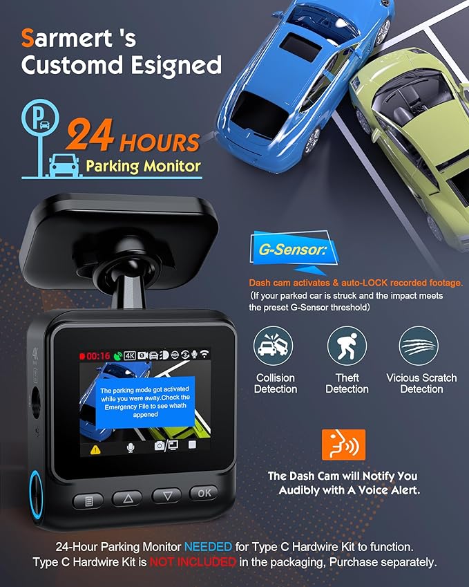 Sarmert C2 4K Dual Dash Cam Front and Rear - Built-in GPS and 5G WiFi, Free 64GB Card Included, 4K UHD Dash Camera for Cars, 