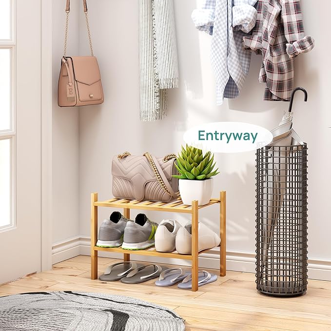 viewcare Small Shoe Rack, 2-Tier Shoe Rack for Entryway, Bamboo Wood Shoe Shelf for Closet & Hallway, Long 17.2IN | Beautiful