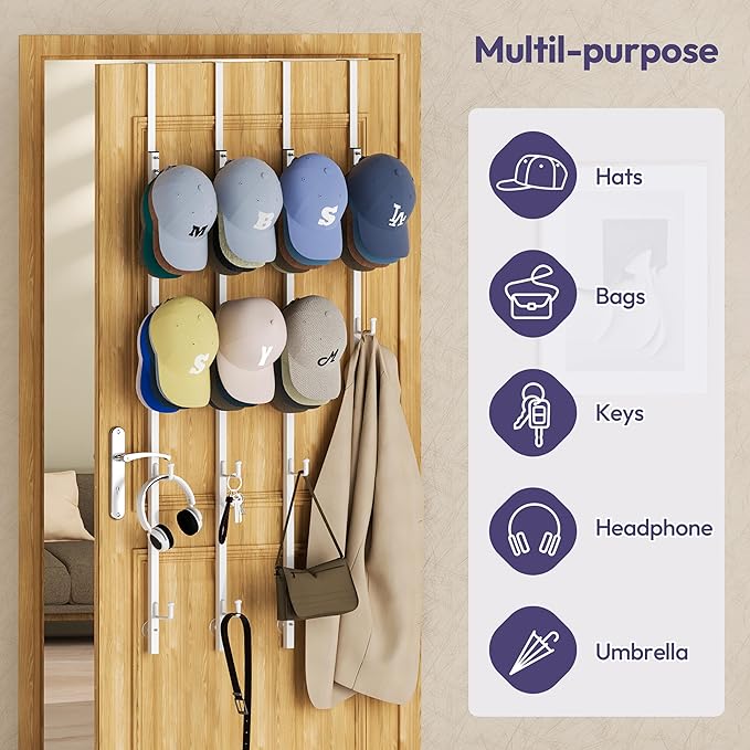 SWTYMIKI Over Door Hat Organizer - 4 Packs Metal Hanging Hat Rack with 16 Hooks Design, Baseball Cap Hanger Organizer Storage