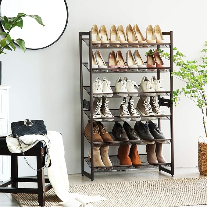 SONGMICS Shoe Rack, 6-Tier Shoe Organizer, Metal Rack for Garage, Set of 2, 3-Tier Stackable Shelf, with Adjustable Flat or A