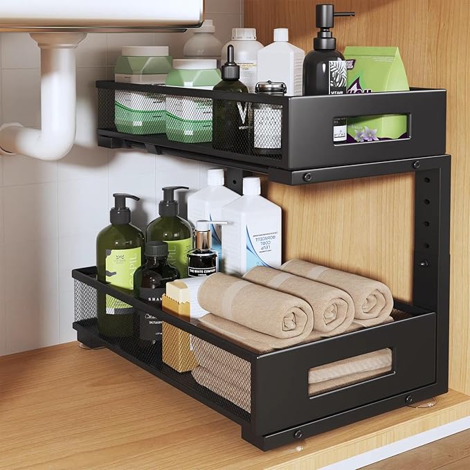 1 Pack 17IN Depth Under Sink Organizer, 2-Tier Pull Out Cabinet Organizer With Smooth Circular Rail, Large Capacity Metal Mes