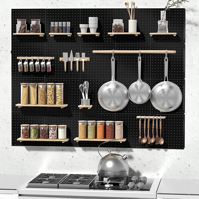 Peg Board, 4PCS Metal Pegboard, Heavy Duty Pegboard Wall Organizer with Frame. Black Pegboard for Walls, Garage, Workbench, C